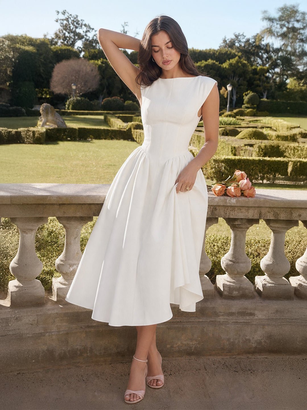 Boat Neck Satin Flare Midi Dress