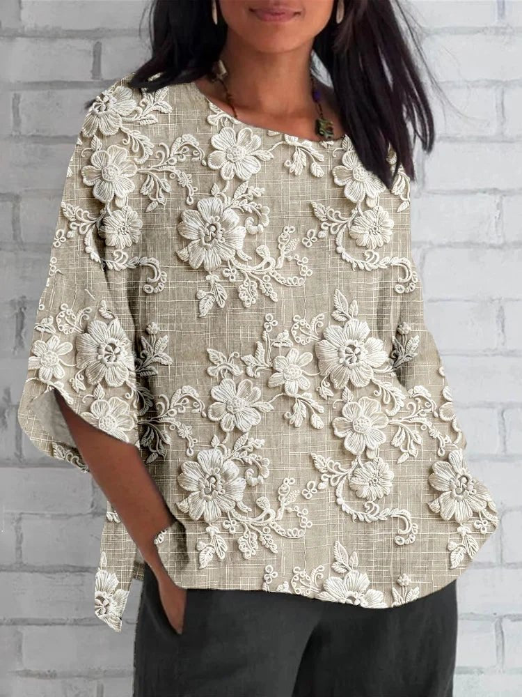Lace-Trimmed Floral Print Relaxed Blouse