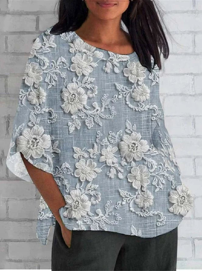 Lace-Trimmed Floral Print Relaxed Blouse