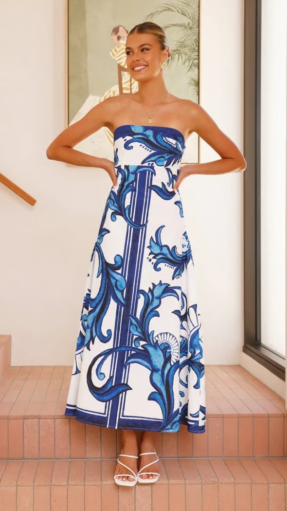 Strapless Printed Boho Maxi Dress