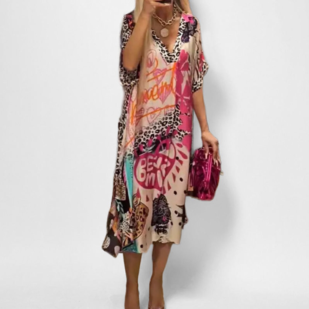 Graphic Pattern V-Neck Flared Tunic