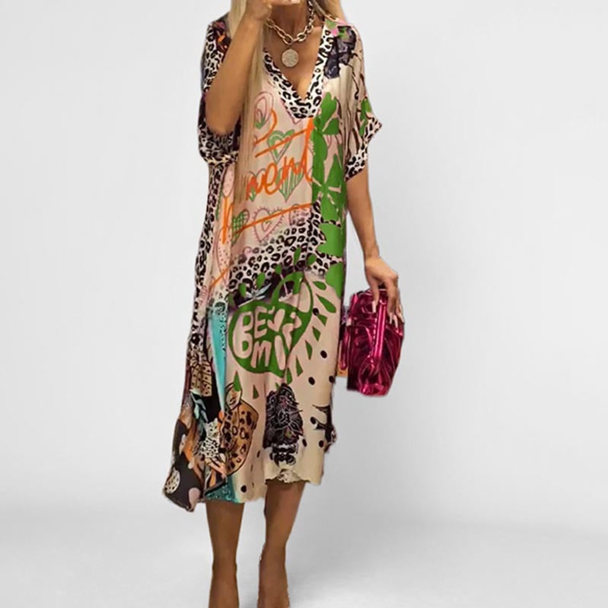 Graphic Pattern V-Neck Flared Tunic
