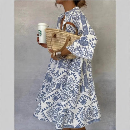 Mediterranean Print Flared Tunic Dress