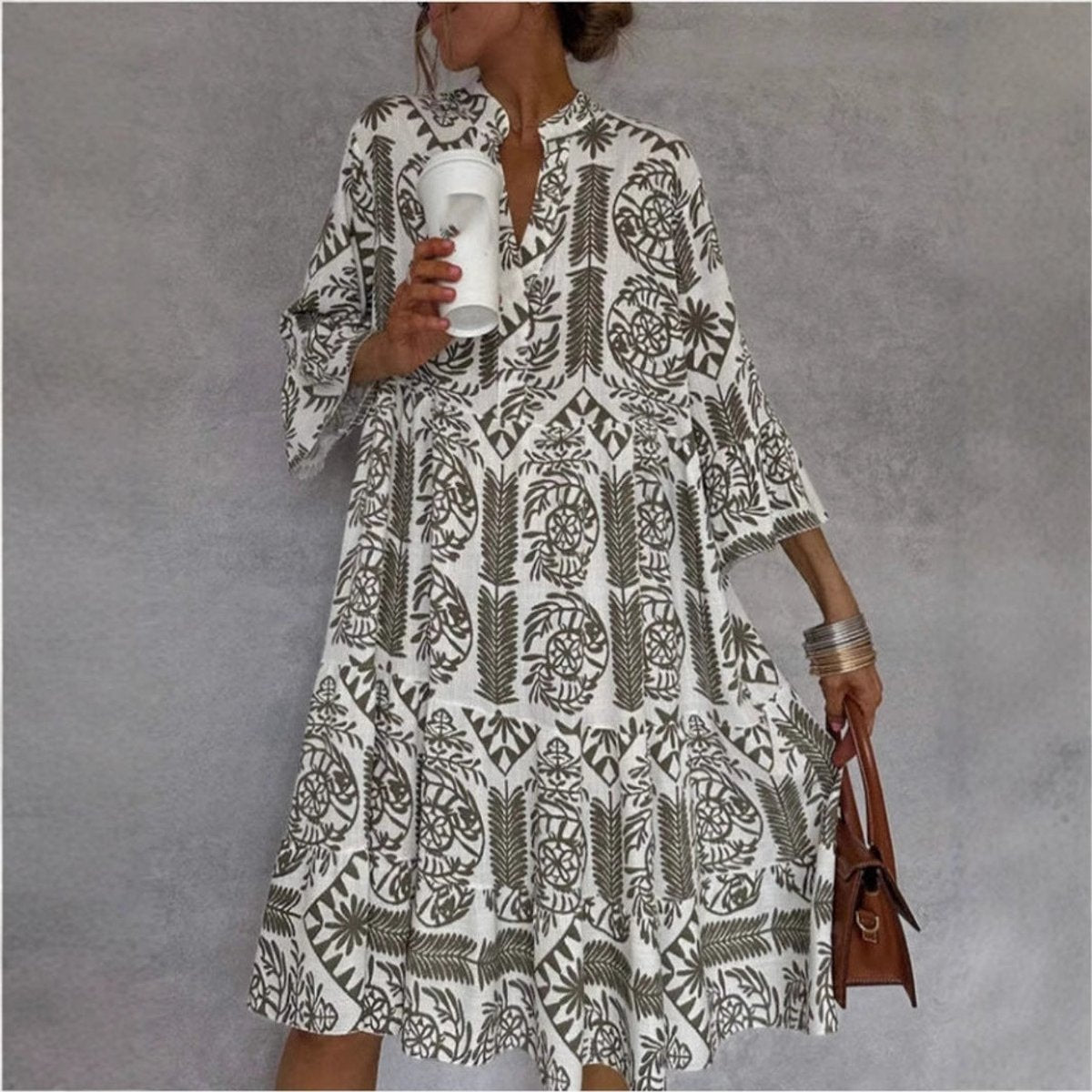 Mediterranean Print Flared Tunic Dress