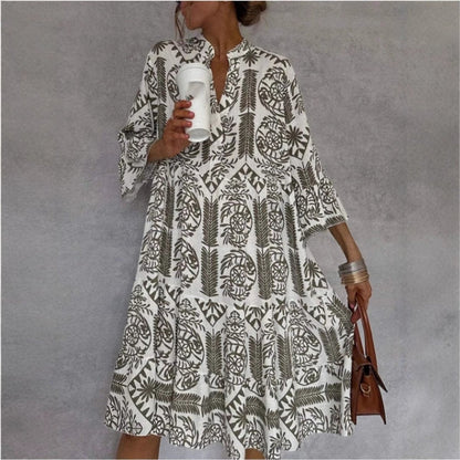 Mediterranean Print Flared Tunic Dress