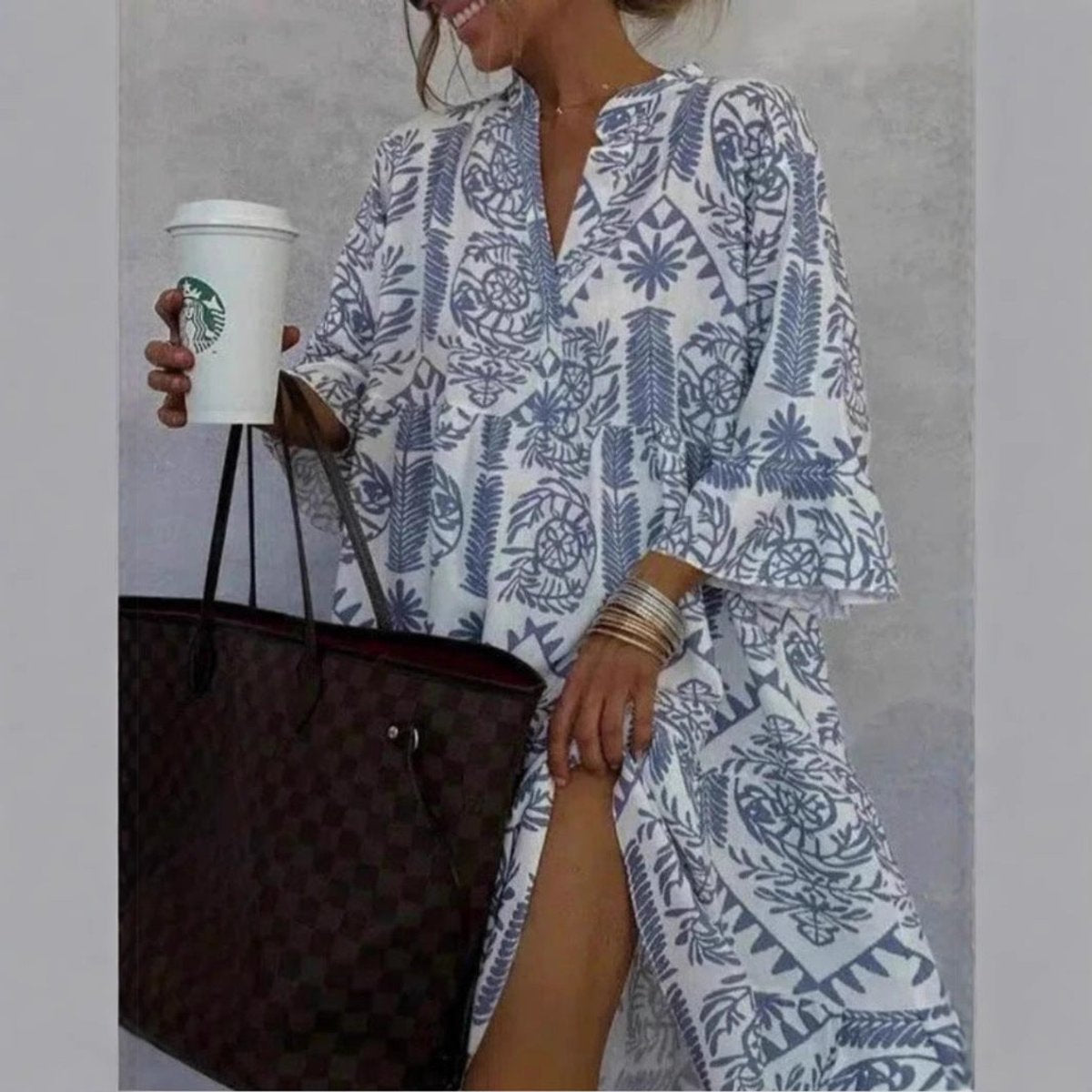 Mediterranean Print Flared Tunic Dress