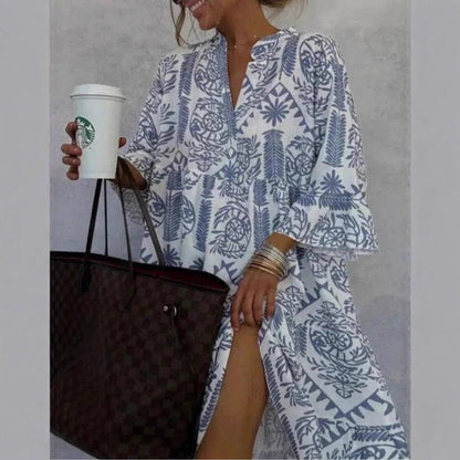 Mediterranean Print Flared Tunic Dress