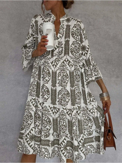 Mediterranean Print Flared Tunic Dress