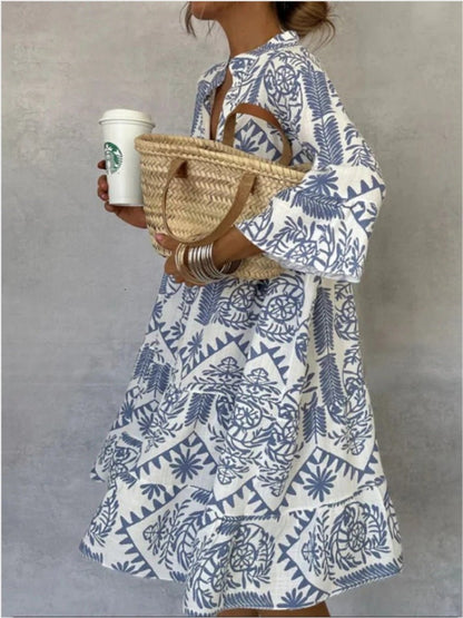 Mediterranean Print Flared Tunic Dress