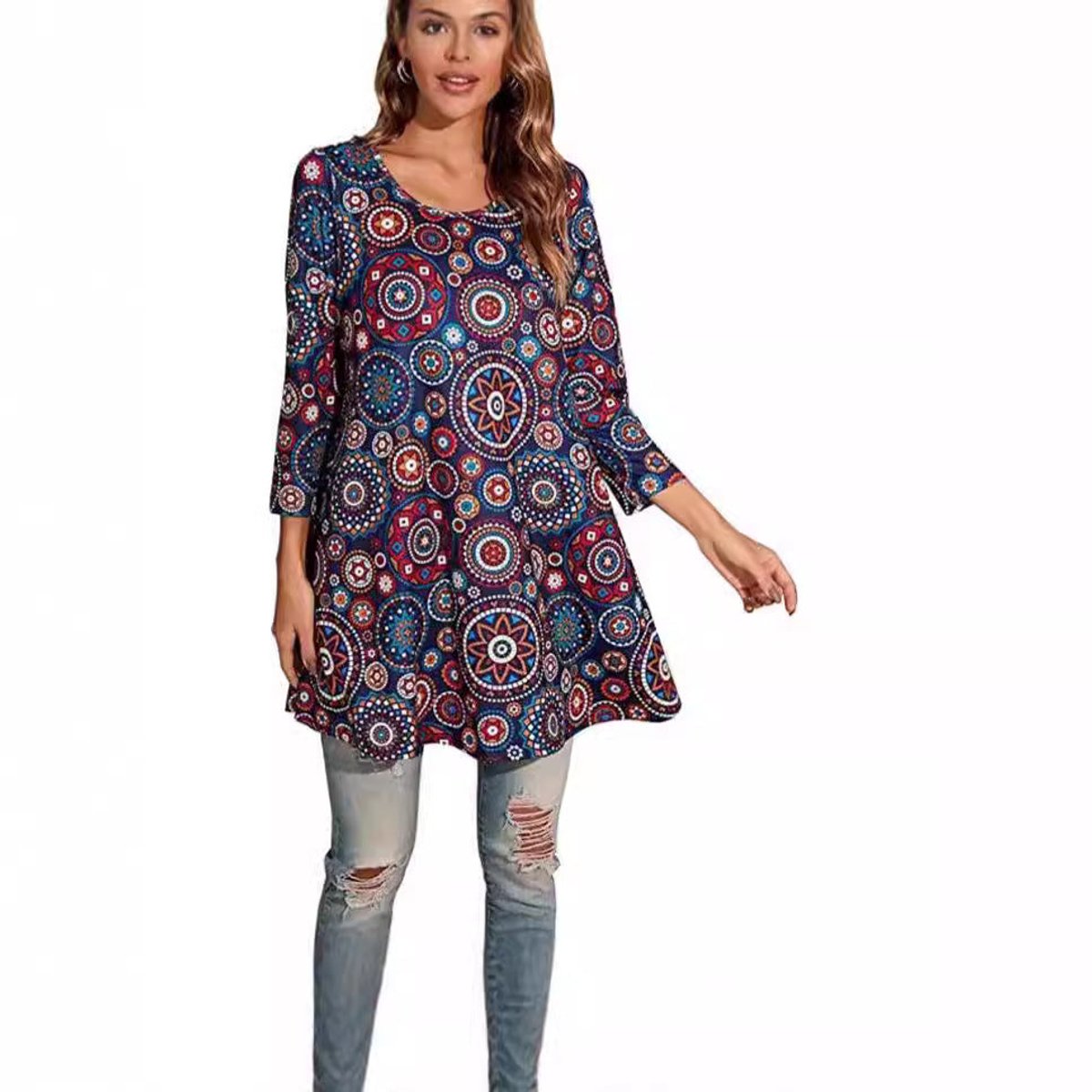 Three-Quarter Sleeve Mandala Print A-Line Tunic