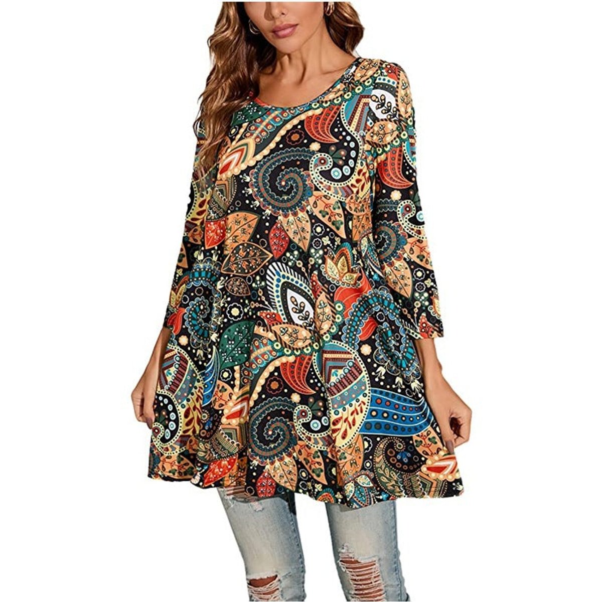 Three-Quarter Sleeve Mandala Print A-Line Tunic