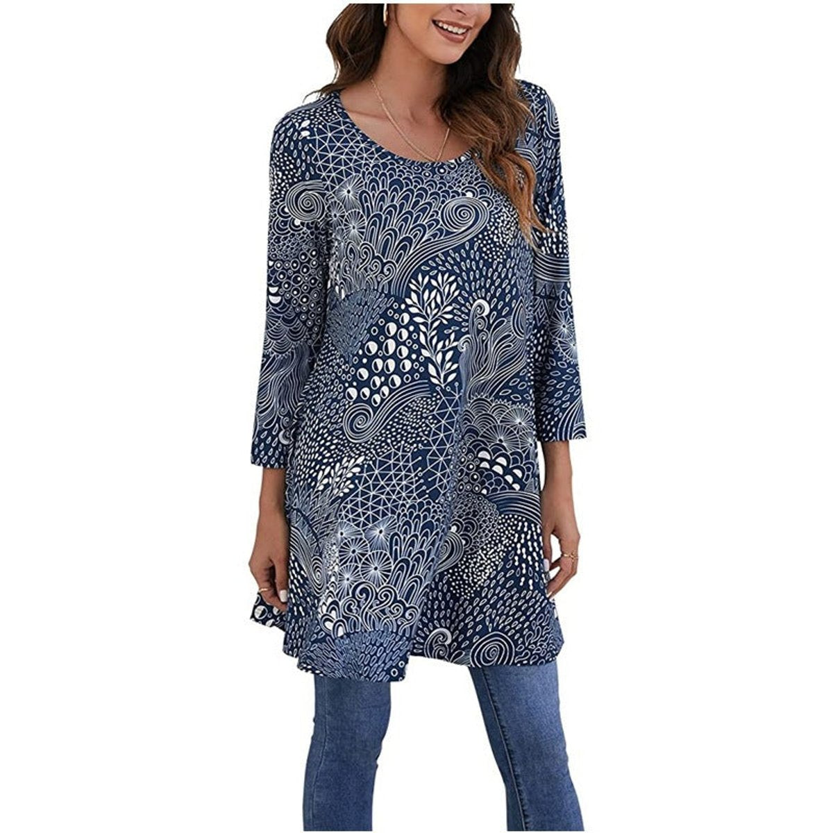 Three-Quarter Sleeve Mandala Print A-Line Tunic