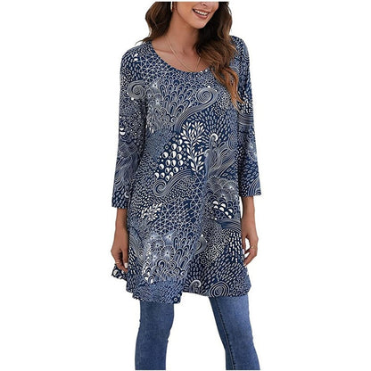 Three-Quarter Sleeve Mandala Print A-Line Tunic