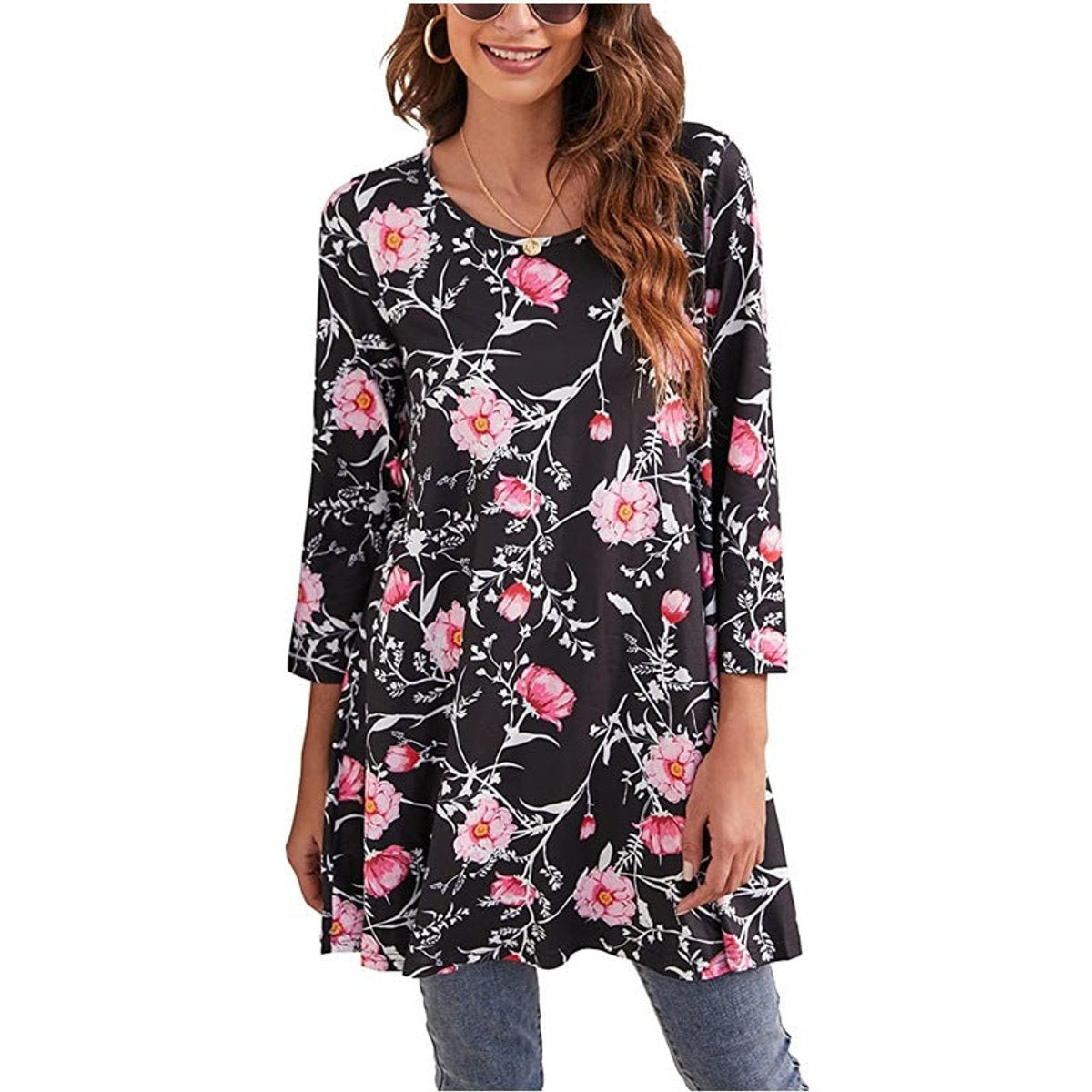 Three-Quarter Sleeve Mandala Print A-Line Tunic