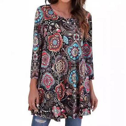 Three-Quarter Sleeve Mandala Print A-Line Tunic
