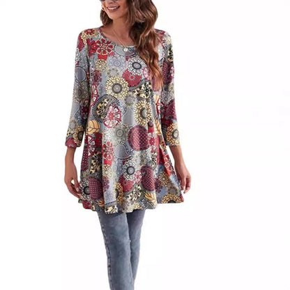 Three-Quarter Sleeve Mandala Print A-Line Tunic