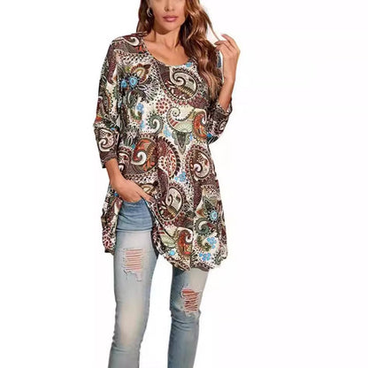 Three-Quarter Sleeve Mandala Print A-Line Tunic