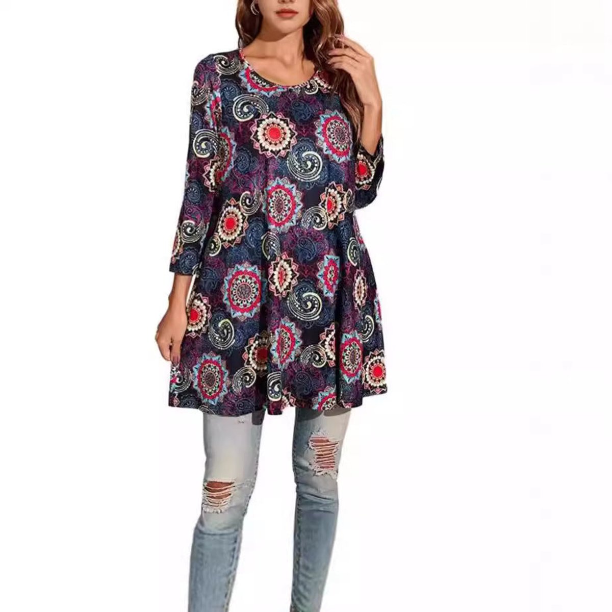 Three-Quarter Sleeve Mandala Print A-Line Tunic