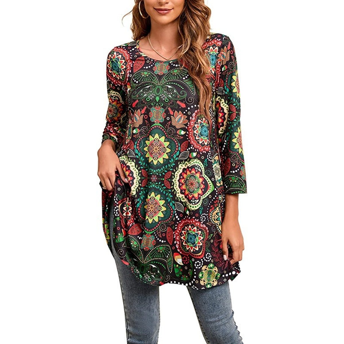 Three-Quarter Sleeve Mandala Print A-Line Tunic
