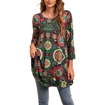 Three-Quarter Sleeve Mandala Print A-Line Tunic