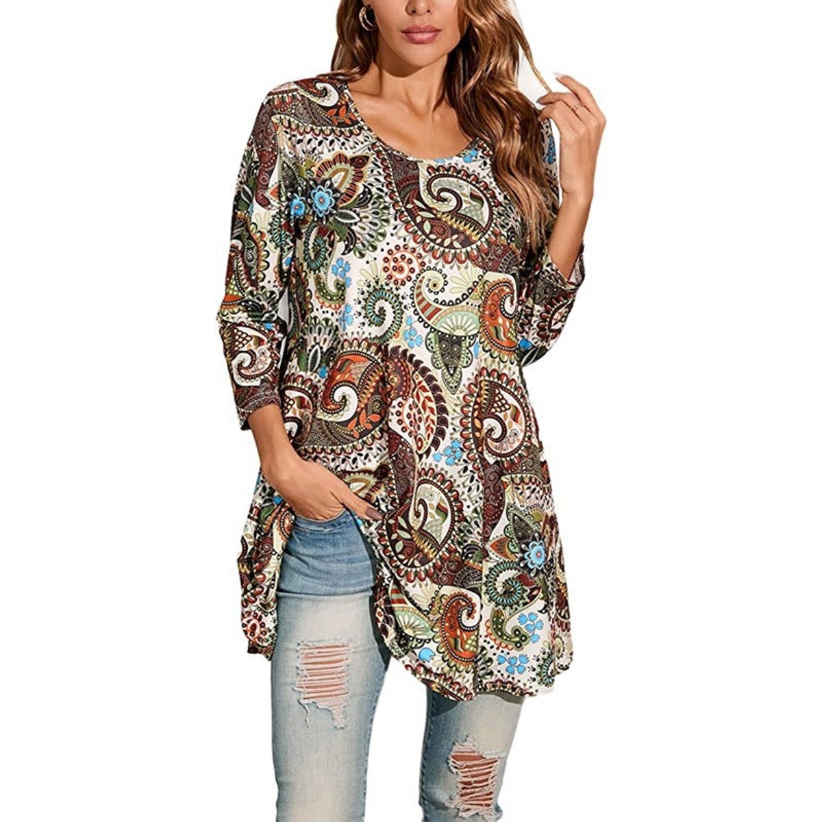Three-Quarter Sleeve Mandala Print A-Line Tunic