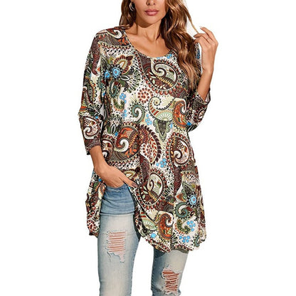 Three-Quarter Sleeve Mandala Print A-Line Tunic