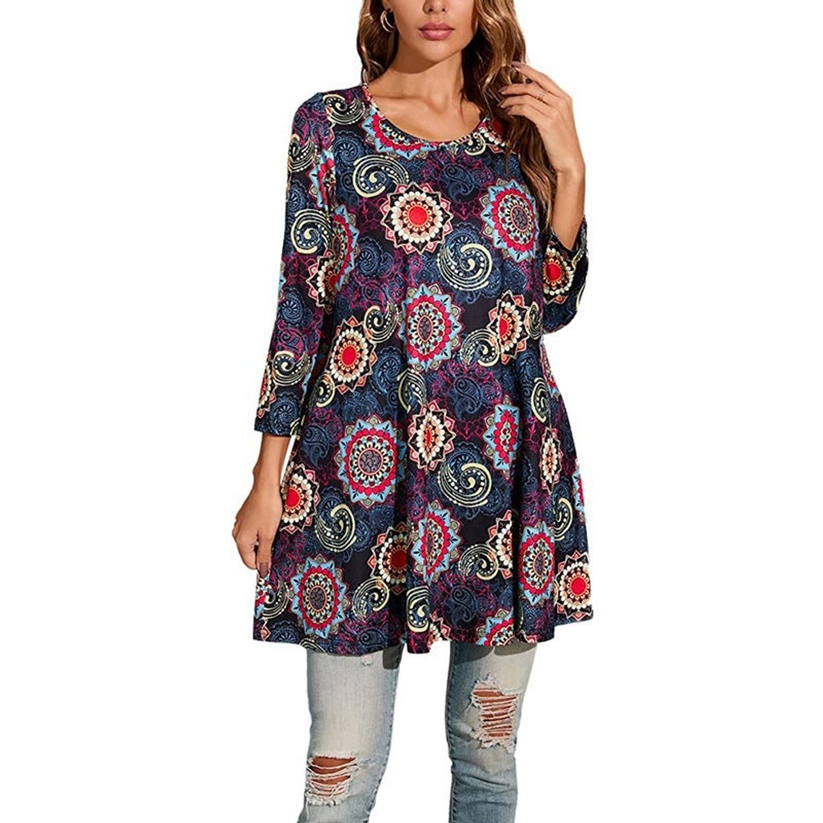Three-Quarter Sleeve Mandala Print A-Line Tunic