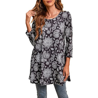 Three-Quarter Sleeve Mandala Print A-Line Tunic