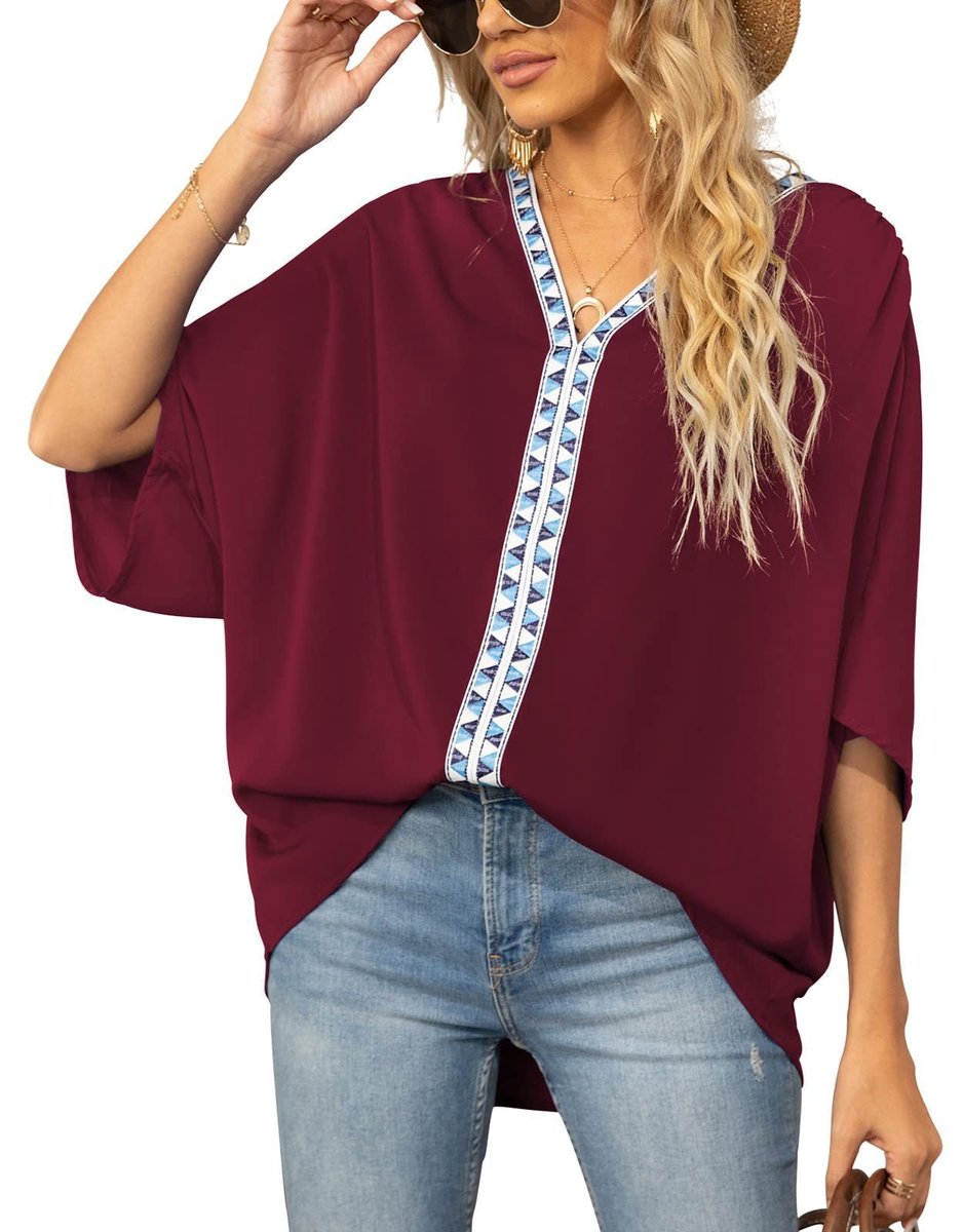 Embroidered V-Neck Boho Tunic Shirt