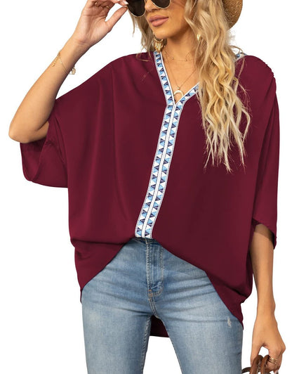 Embroidered V-Neck Boho Tunic Shirt