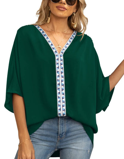 Embroidered V-Neck Boho Tunic Shirt