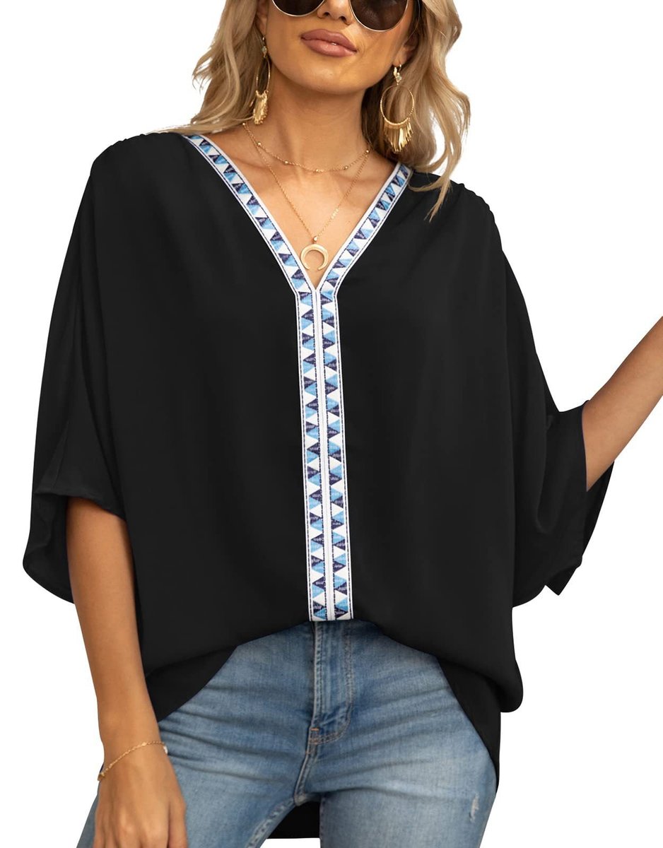 Embroidered V-Neck Boho Tunic Shirt