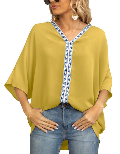 Embroidered V-Neck Boho Tunic Shirt