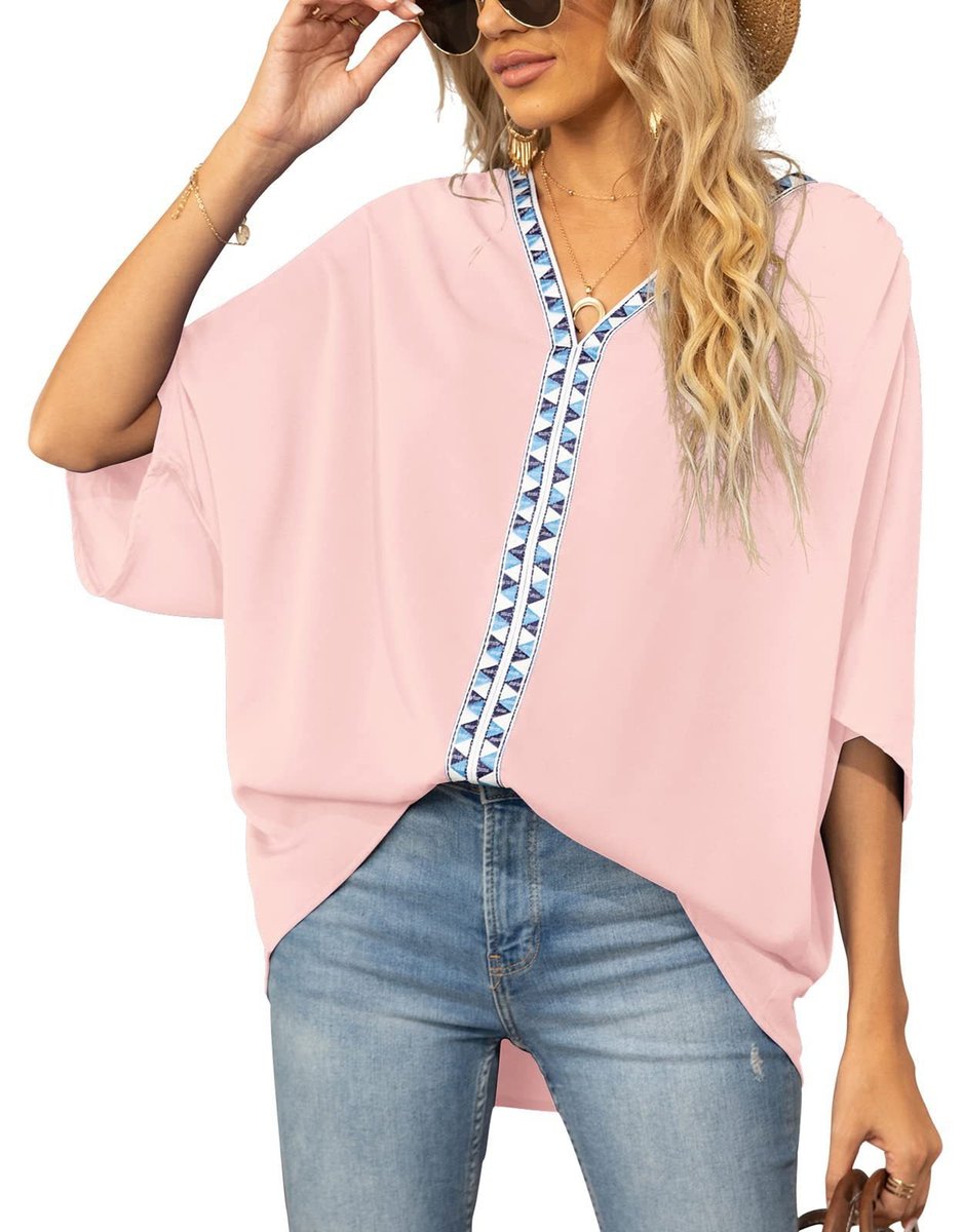 Embroidered V-Neck Boho Tunic Shirt
