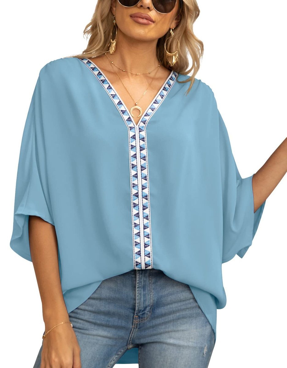 Embroidered V-Neck Boho Tunic Shirt