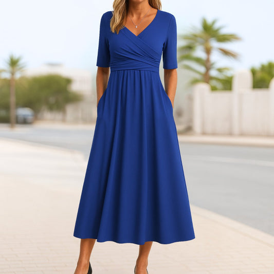 Short Sleeve Wrap Front Midi Dress with Pockets