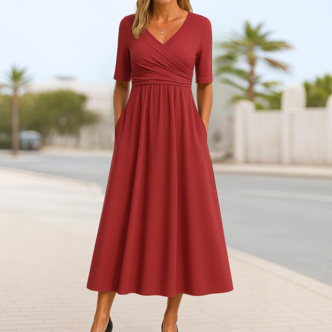 Short Sleeve Wrap Front Midi Dress with Pockets