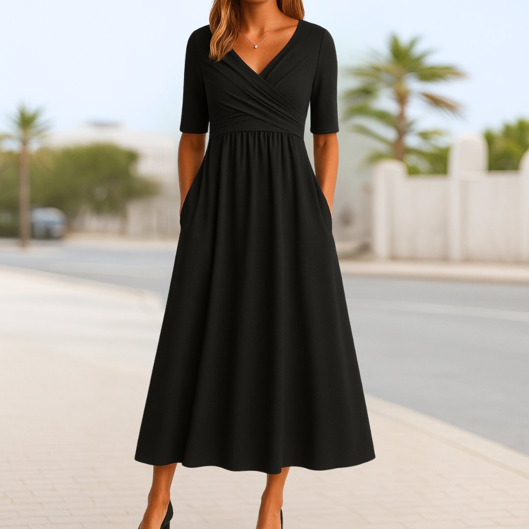 Short Sleeve Wrap Front Midi Dress with Pockets