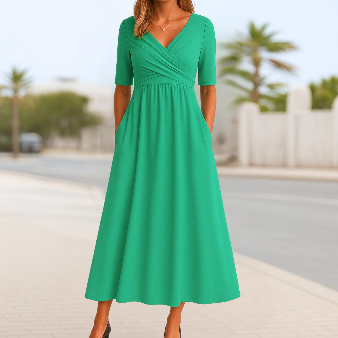 Short Sleeve Wrap Front Midi Dress with Pockets