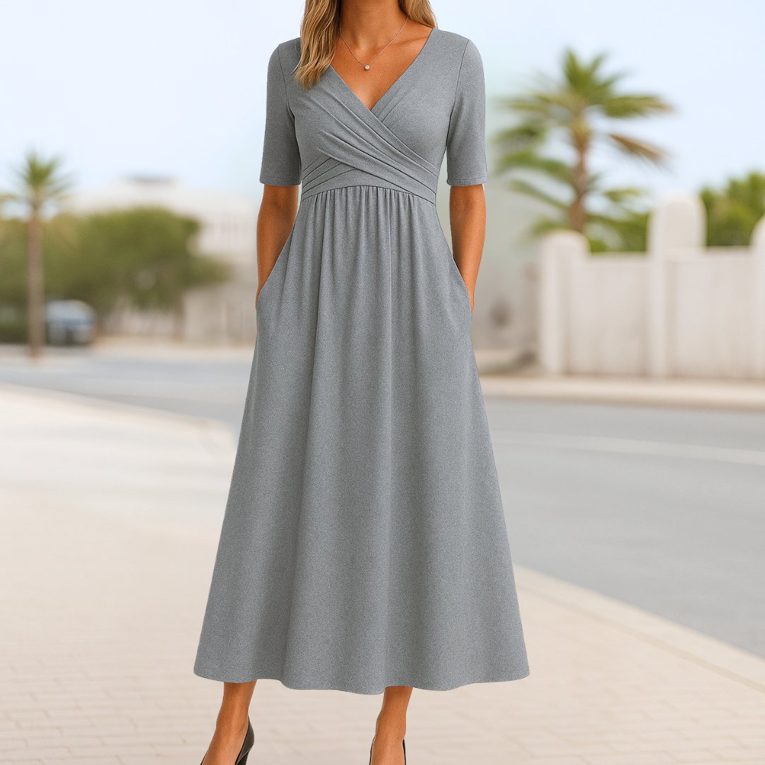 Short Sleeve Wrap Front Midi Dress with Pockets
