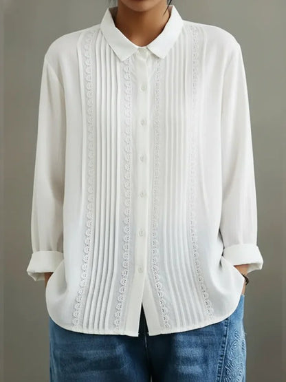 Lace-Trim Pleated Long-Sleeve Shirt