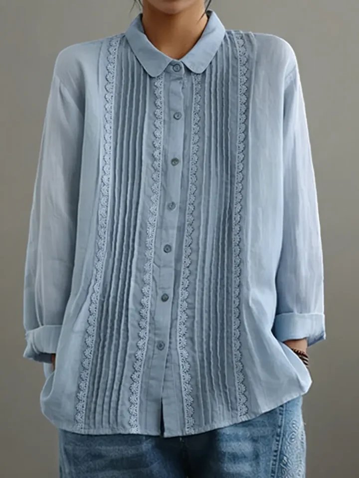 Lace-Trim Pleated Long-Sleeve Shirt