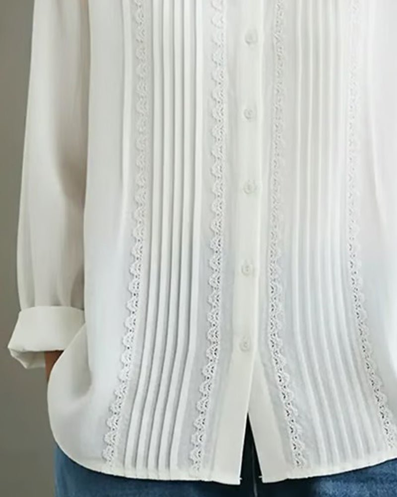 Lace-Trim Pleated Long-Sleeve Shirt