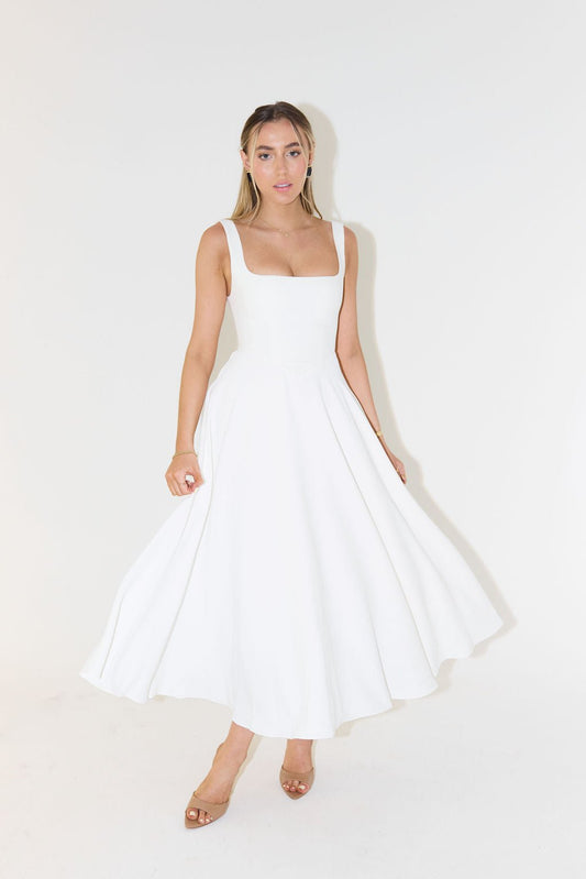 Square Neck Midi A-Line Dress in White