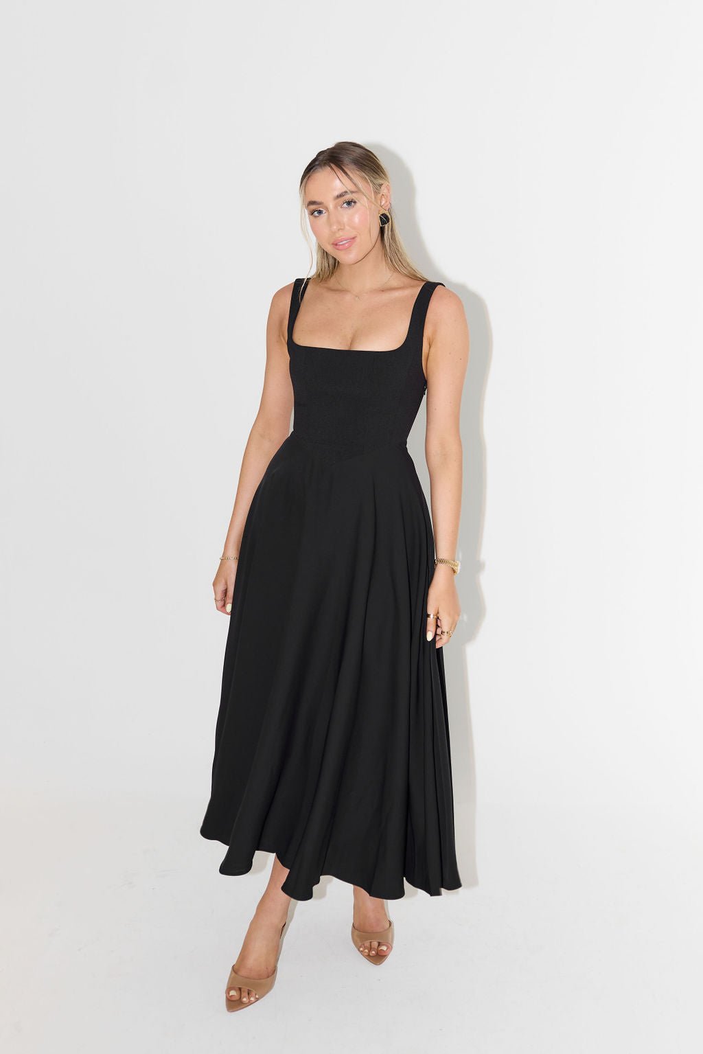 Square Neck Midi A-Line Dress in White