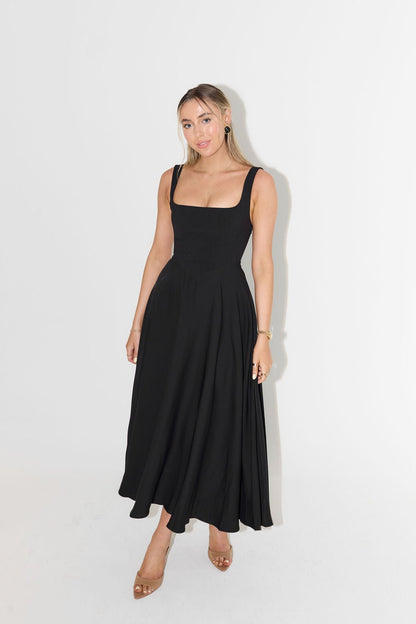 Square Neck Midi A-Line Dress in White