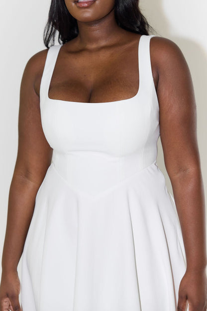 Square Neck Midi A-Line Dress in White