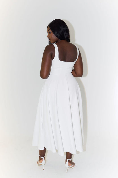 Square Neck Midi A-Line Dress in White