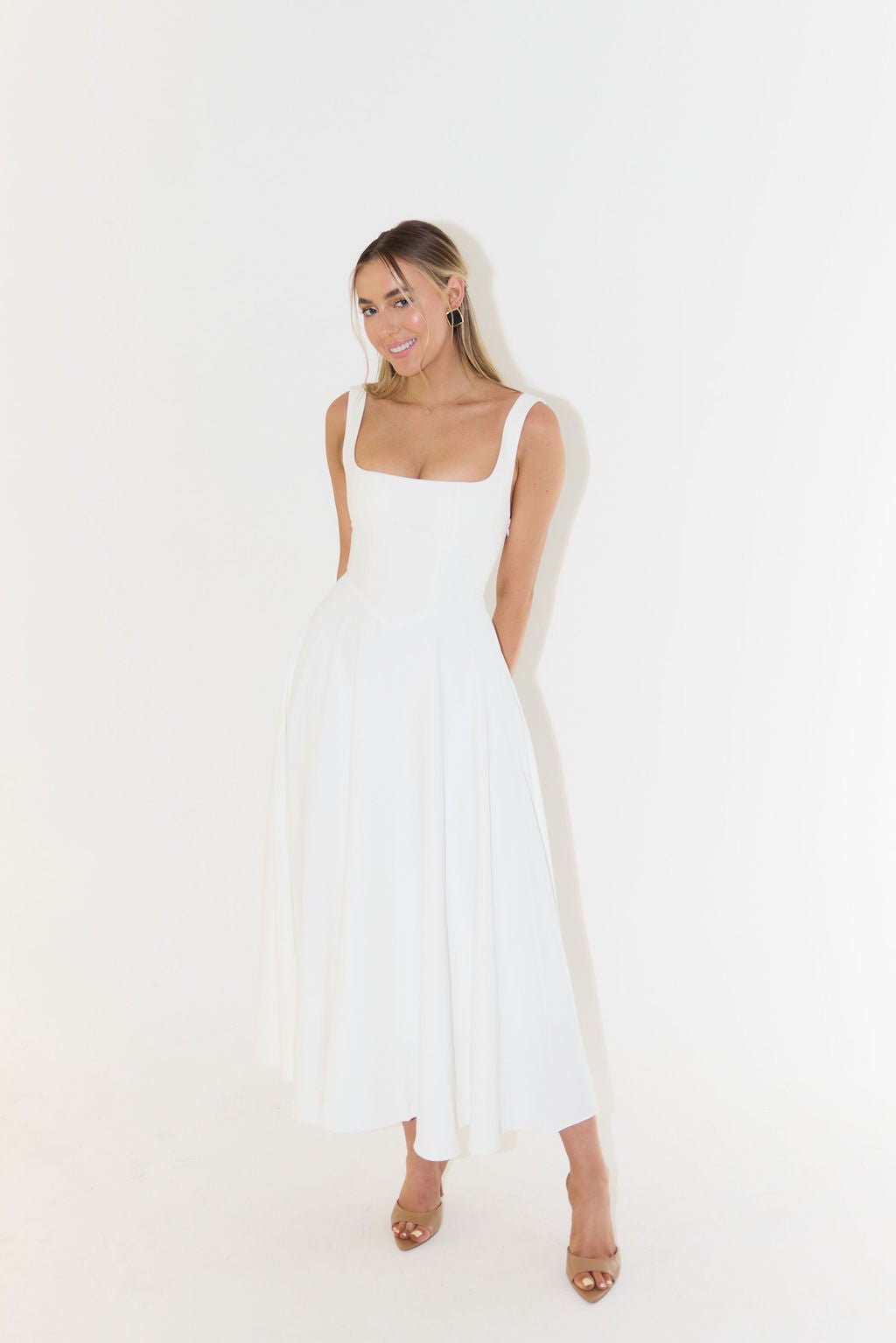 Square Neck Midi A-Line Dress in White