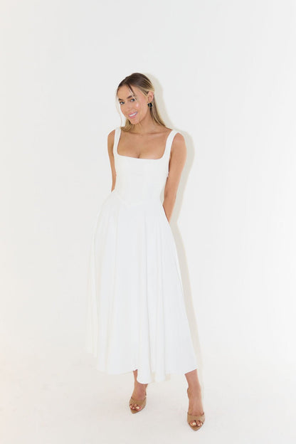 Square Neck Midi A-Line Dress in White